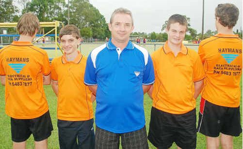 Young Gympie Hockey umpires (left to right) Jamie Austin, Mitchell Collins, Jared Parke and Joey Collins show off their new umpiring uniforms thanks to sponsor Peter Schutt (middle). Young Gympie Hockey umpires (left to right) Jamie Austin, Mitchell Collins, Jared Parke and Joey Collins show off their new umpiring uniforms thanks to sponsor Peter Schutt (middle).